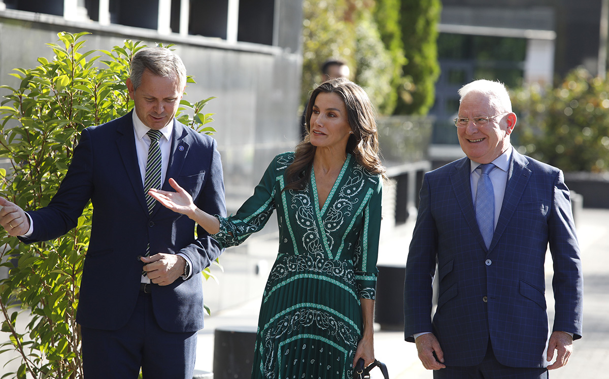 la reina letizia con vestido plisado verde de sandro paris en el dia mundial de la salud mental 2023