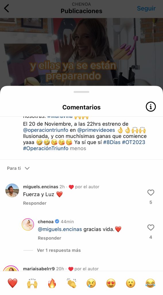 Los comentarios de Miguel Sánchez Encinas y Chenoa en Instagram.