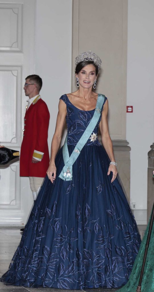 La Reina Letizia con un impresionante vestido de Felipe Varela durante una cena de gala en Copenhague
