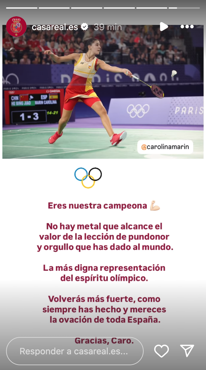 El mensaje de los Reyes Felipe y Letizia a Carolina Marin