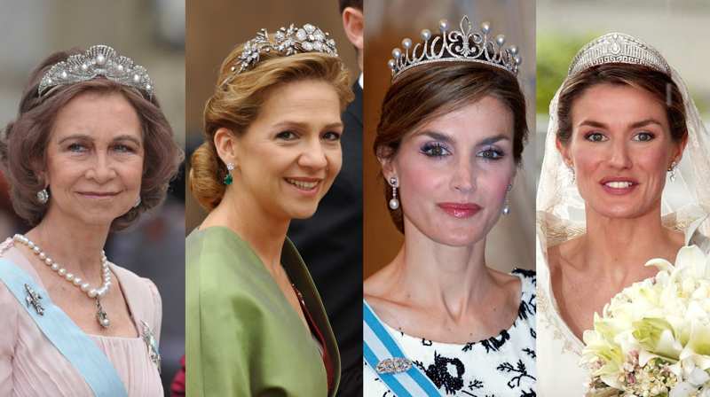 La Reina Sofía luciendo la tiara de la Chata, la Infanta Cristina luciendo la tiara Floral, la Reina Letizia luciendo la tiara de la Princesa y la tiara Prusiana el día de su boda