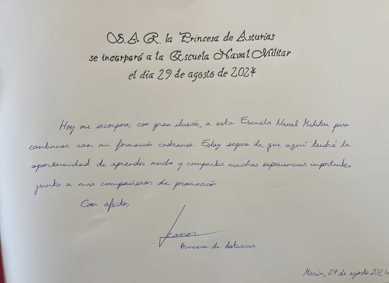 Texto escrito por la Princesa Leonor en el Libro de Honor de la Escuela Naval Militar de Marín