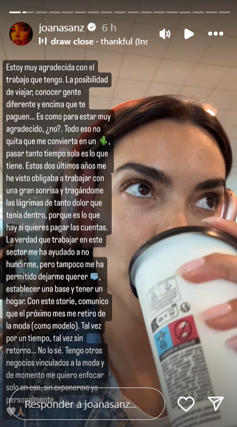 Joana Sanz emite un comunicado anunciando su retirada como modelo. 