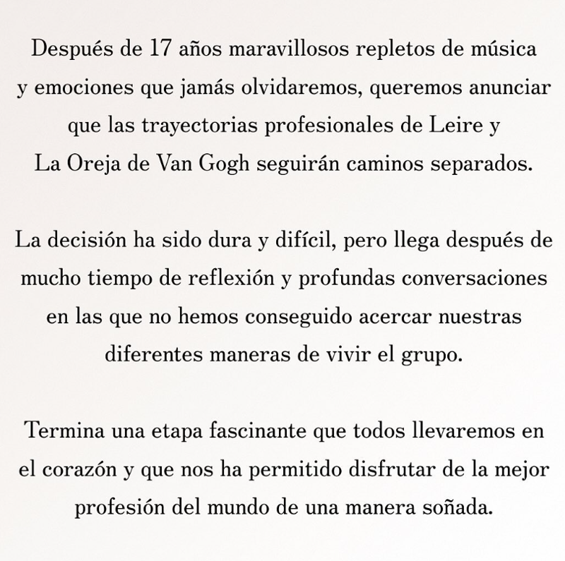 Comunicado de La Oreja de Van Gogh