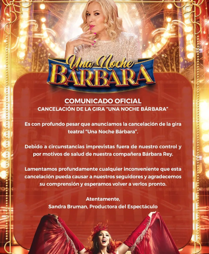 Comunicado de la cancelación del espectáculo de Bárbara Rey