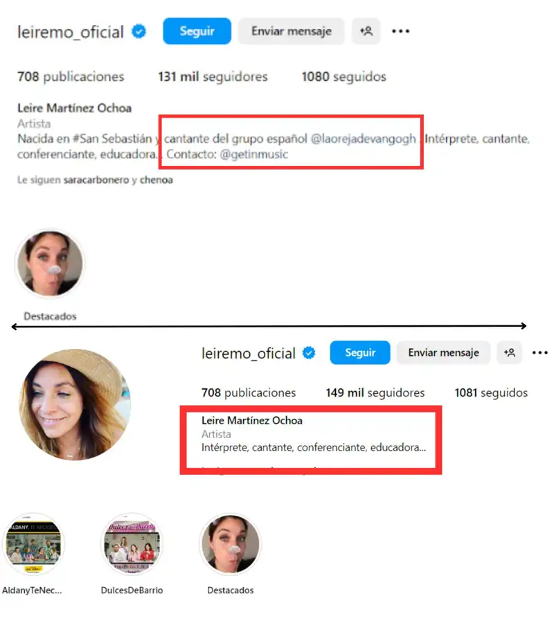Leire cambia su biografía en Instagram