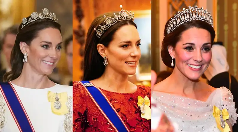 Por orden: la tiara Rosa de Strathmore, la tiara Flor de Loto y la tiara Nudo de los Amantes