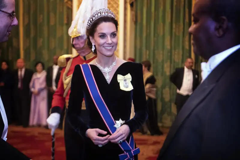 La Princesa de Gales en un acto en 2019 con el mismo collar que el Nizam de Hyderabad regaló a Isabel II en su boda 