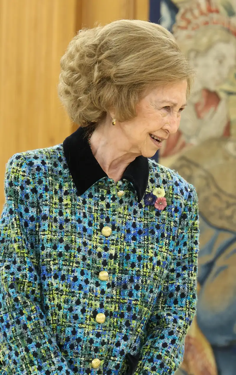 El broche floral de la Reina Sofía durante el acto de los 'El Pueblo más bonito de España" en el Palacio de la Zarzuela 