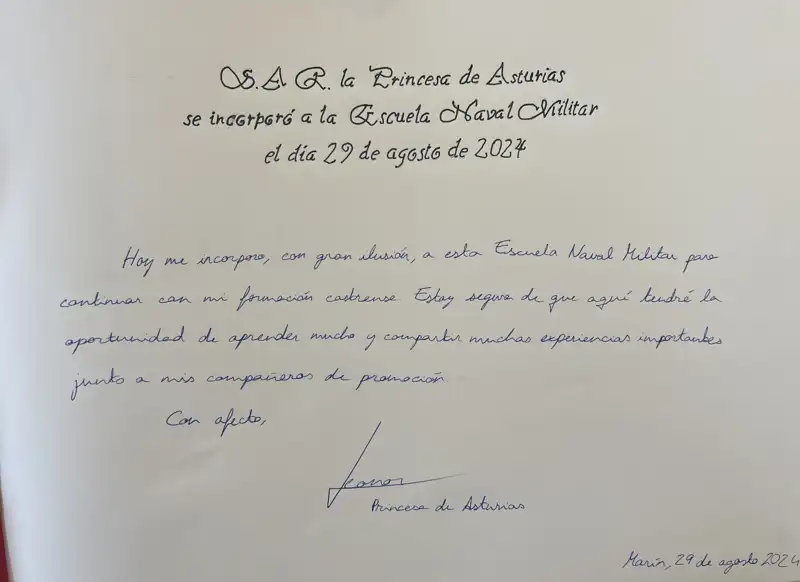 Texto escrito por la Princesa Leonor en el Libro de Honor de la Escuela Naval Militar de Marín