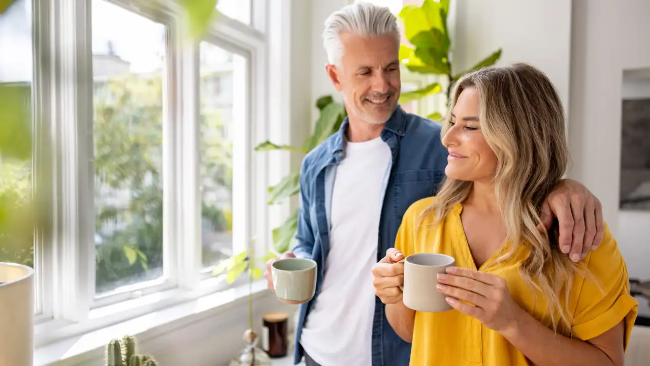 Mujer y hombre beben café felices en la cocina