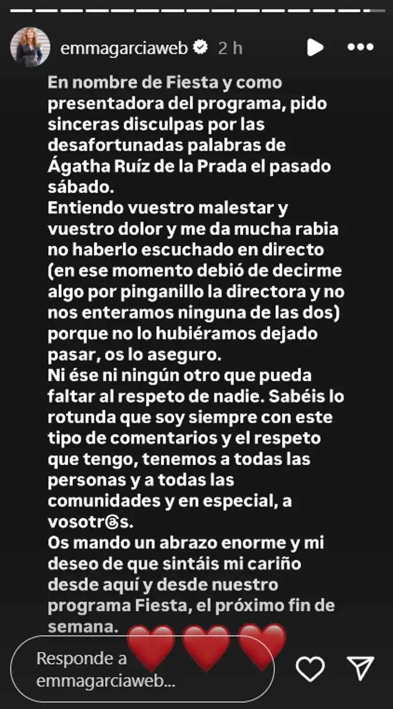 Emma García emite un comunicado tras lo ocurrido en 'Fiesta' con Ágatha Ruiz de la Prada.