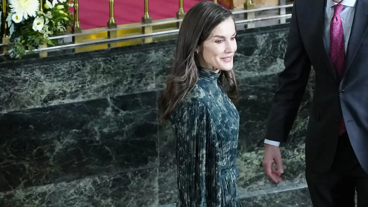 La Reina Letizia se 'camufla' en su último acto con un vestido con efecto mármol de inspiración victoriana