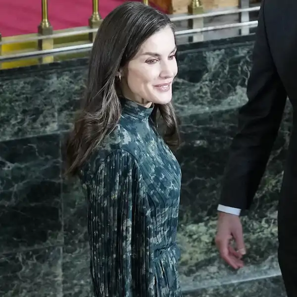 La Reina Letizia se 'camufla' en su último acto con un vestido con efecto mármol de inspiración victoriana