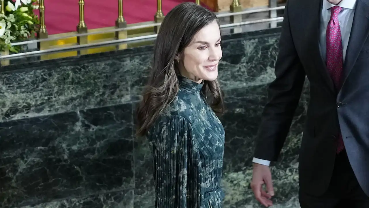 La Reina Letizia se 'camufla' en su último acto con un vestido con efecto mármol de inspiración victoriana