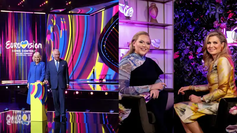 A la izquierda los Reyes Carlos y Camilla encienden el escenario de Eurovisión 2023, a la derecha la Reina Máxima es entrevistada por NikkieTutorials en Eurovisión 2021.