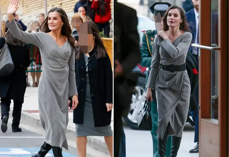 La Reina Letizia con el mismo vestido de estilo wrap, imagen izquierda tomada en 2023 y derecha en 2025