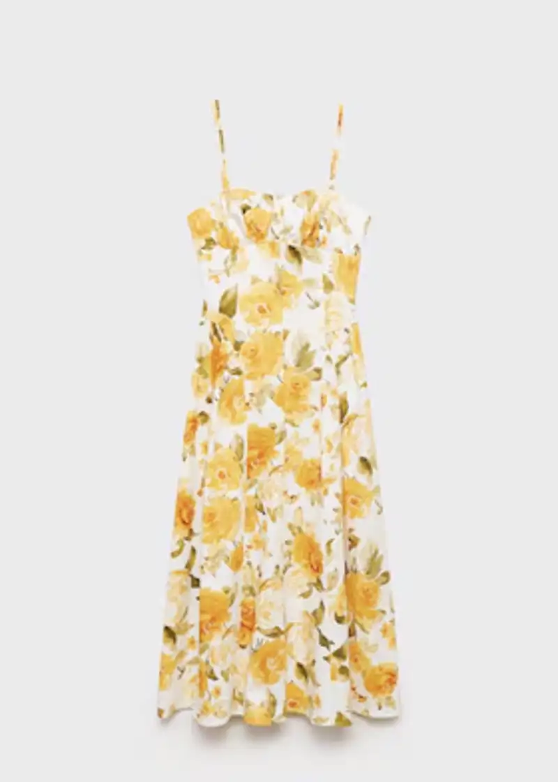 Vestido midi floral escote fruncido de Mango 59,99 euros 
