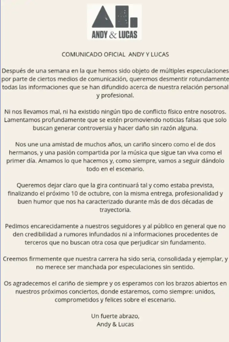 Comunicado de Andy y Lucas