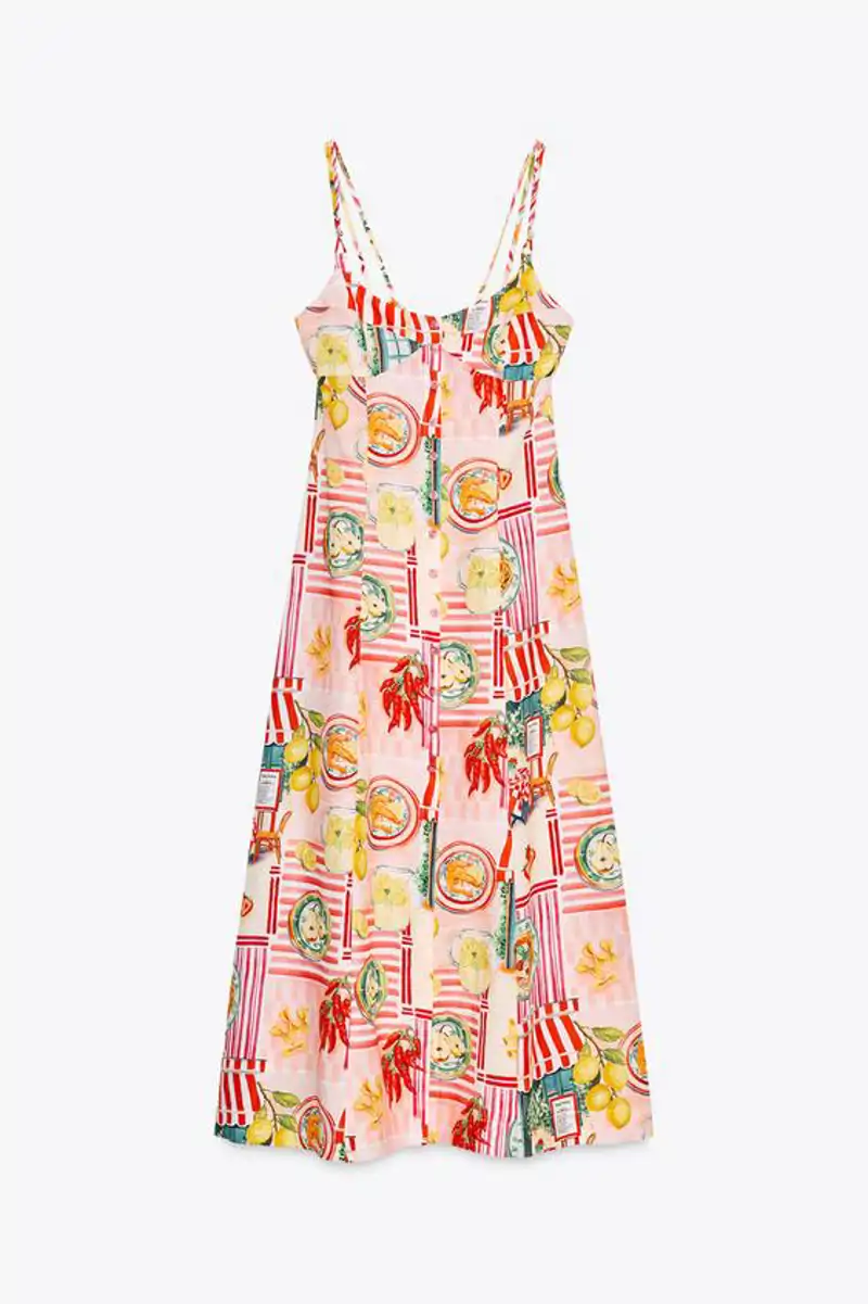 Vestido midi estampado patchwork con lino de Zara 39,95 euros