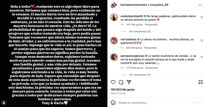 El comentario de Anabel Pantoja en la publicación de Marta Peñate