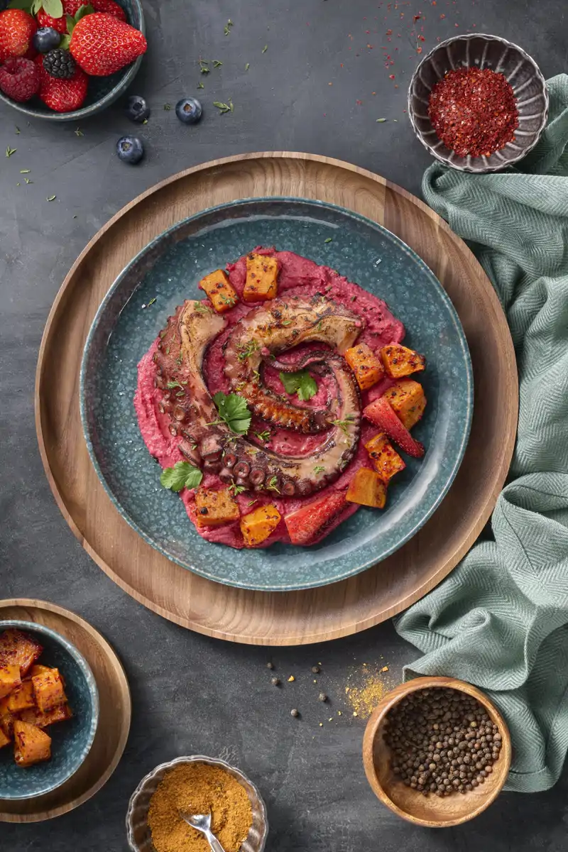 Pulpo a la plancha con hummus de fresa y remolacha con spicy boniato