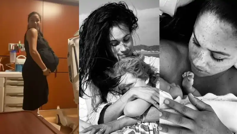 Ejemplo de algunas de las publicaciones de Meghan. En la primera imagen baila antes de dar a luz, en la segunda con Lilibeth en la playa y en la tercera nada más nacer.