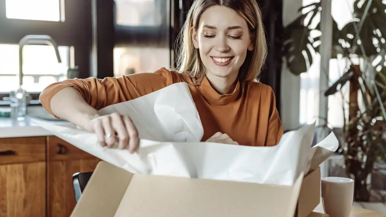 Mujer con caja de compras online iStock