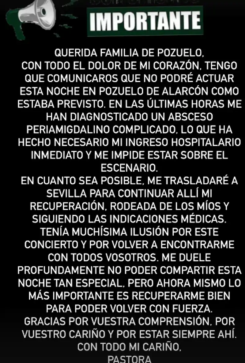 Pastora Soler envía este comunicado