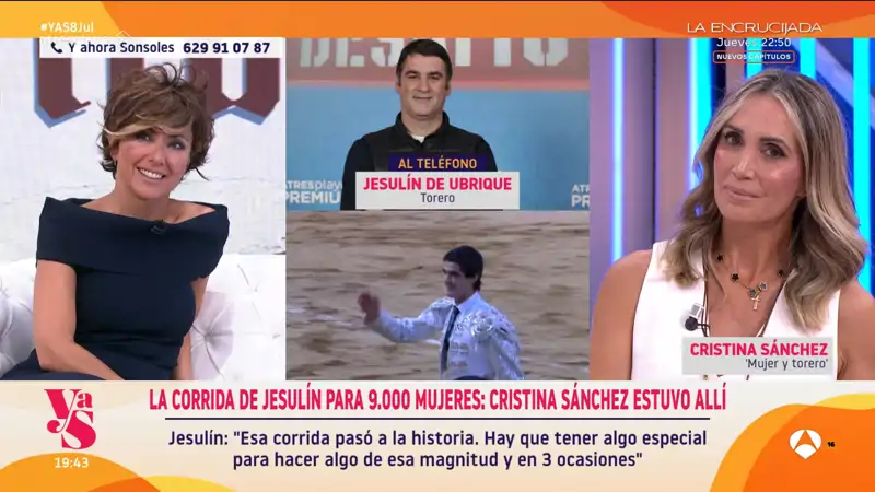 Jesulín de Ubrique interrumpe 'Y ahora Sonsoles' para aclarar su relación con Cristina Sánchez: "Me tacharon de no querer torear con ella"