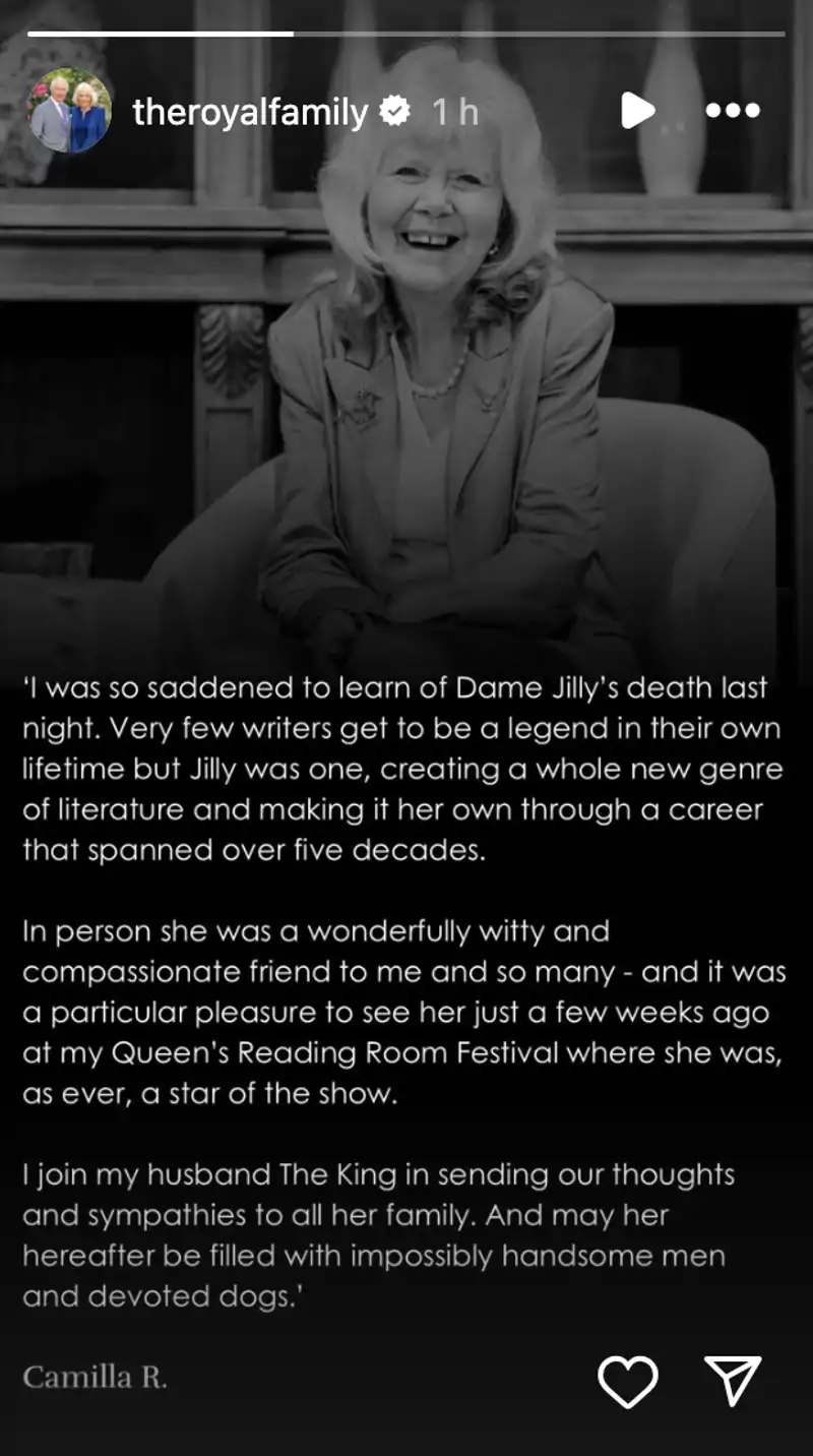 El comunicado de la Reina Camilla tras la muerte de Jilly Cooper