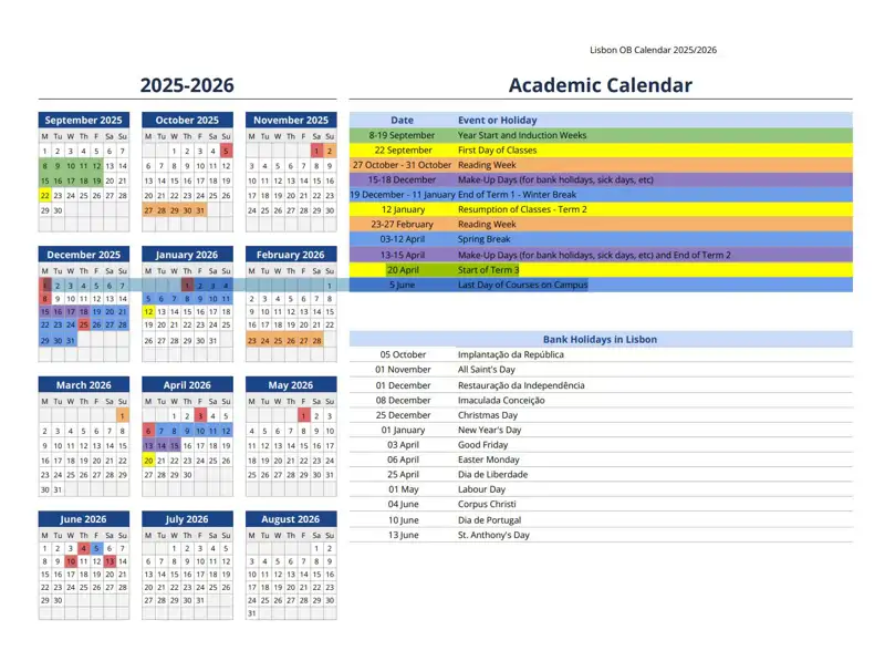 El calendario de la Infanta Sofía durante su primer año en Lisboa. 