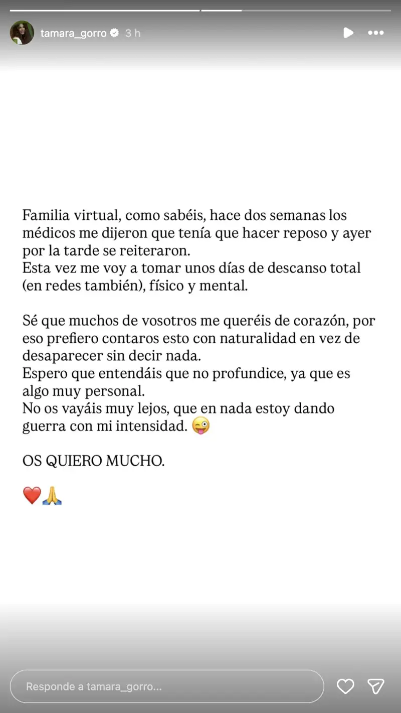 Storie de Tamara Gorro hablando de su marcha temporal de redes sociales