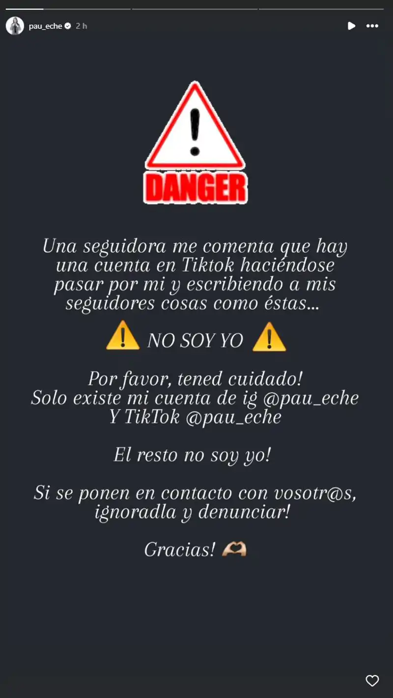 Storie de Paula Echevarría en el que anuncia un fraude con su nombre