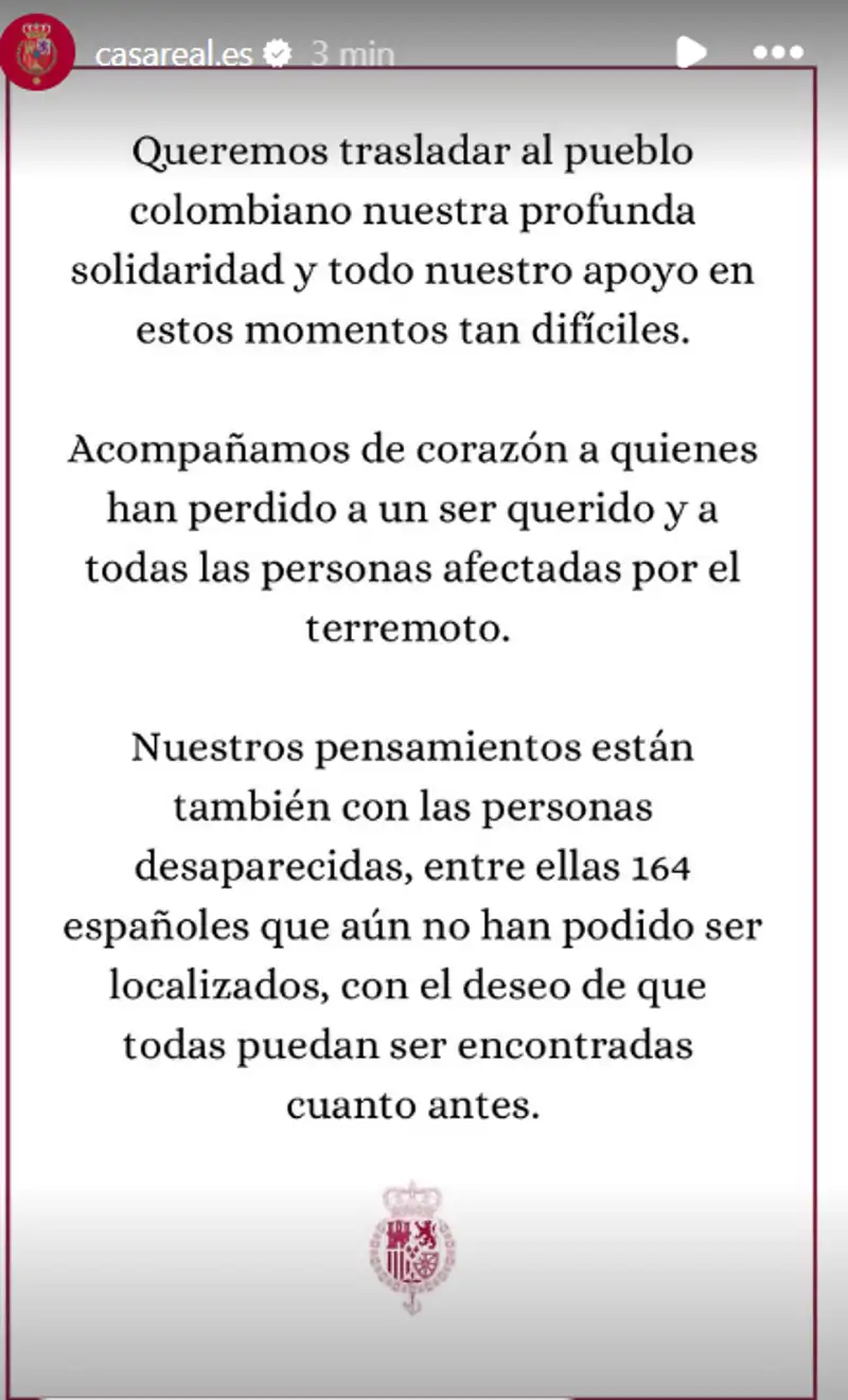 El mensaje de los Reyes Felipe VI y Letizia tras el terremoto en Colombia