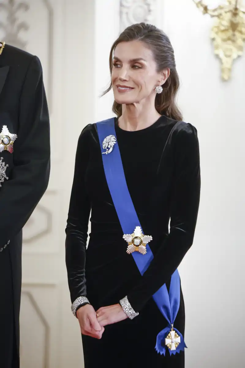 La Reina Letizia en la cena de gala de Finlandia con vestido de terciopelo negro de Felipe Varela, banda de la Orden de la Rosa Blanca y broche de flor de diamantes de la Reina Sofía